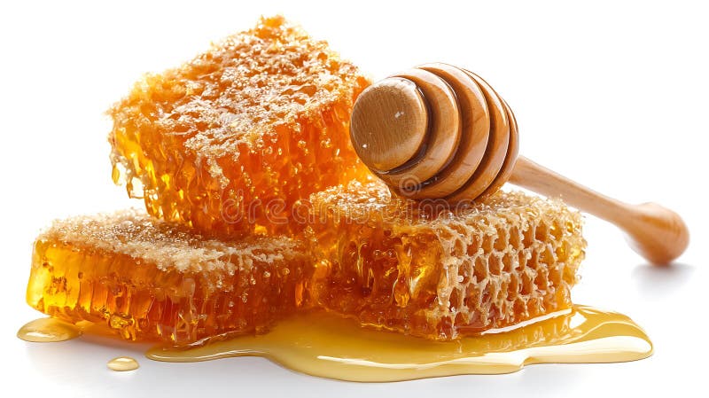 Golden honeycomb pieces stacked on a white surface, glistening with dripping vector illustration