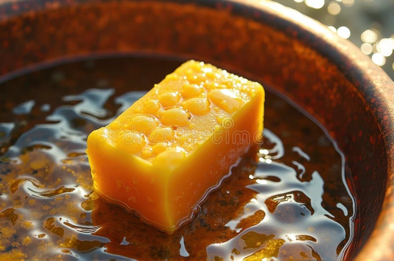 Golden honeycomb soap on water reflecting sunlight royalty free stock image