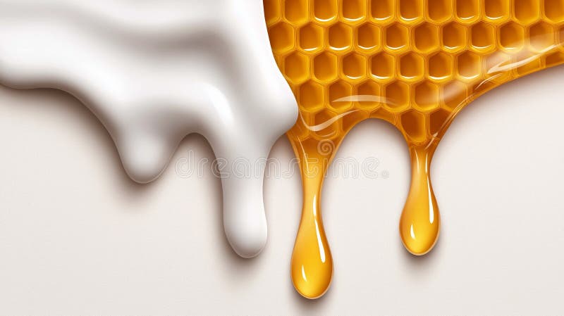 Golden honeycomb and white cream drips on smooth surface royalty free stock photography