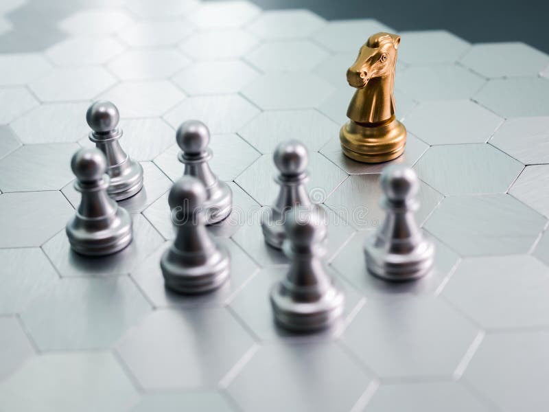 The gold horse, knight chess piece standing with falling silver pawn chess  pieces on chessboard on white background with copy space. Leadership,  winner, competition, and business strategy concept. Photos