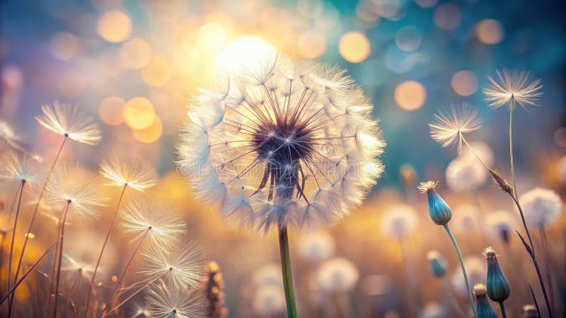 Golden hour dandelions a field of soft, white seed heads basking in the warm sunset light. Generative AI royalty free illustration