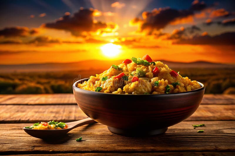 Golden Hour Dining Silhouette of a Flavorful Chicken and Rice Bowl at Sunset Perfect for Restaurant or Food stock illustration