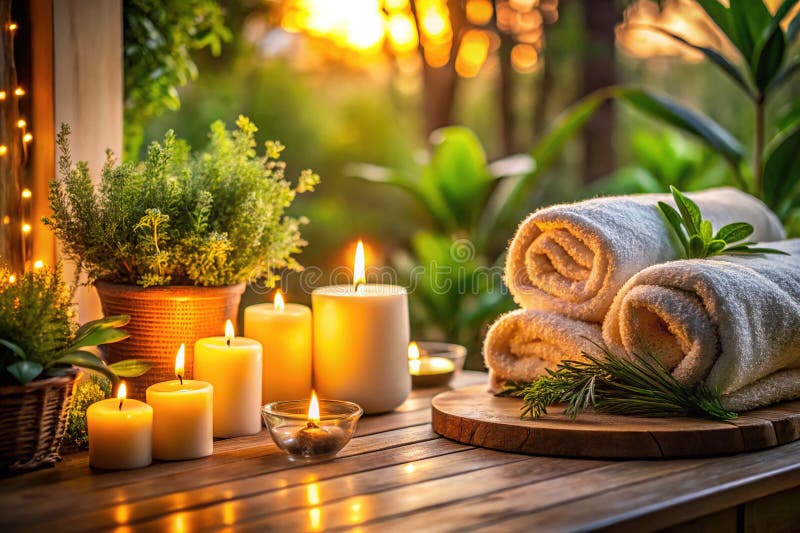 Escape the everyday with this serene home spa retreat. Bathed in the warm glow of the golden hour sunset, a tranquil bathroom transforms into a personal sanctuary. Soft lighting from candles creates a cozy ambiance, while lush greenery adds a touch of nature peacefulness. Fluffy towels and inviting bath products promise a luxurious self-care experience. Indulge in a moment of mindfulness and. Pampering experience stock images, royalty-free photos and pictures