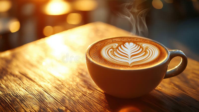 Golden Hour Latte Art Idealny puchar kawy przy zachodzie słońca ilustracja wektor