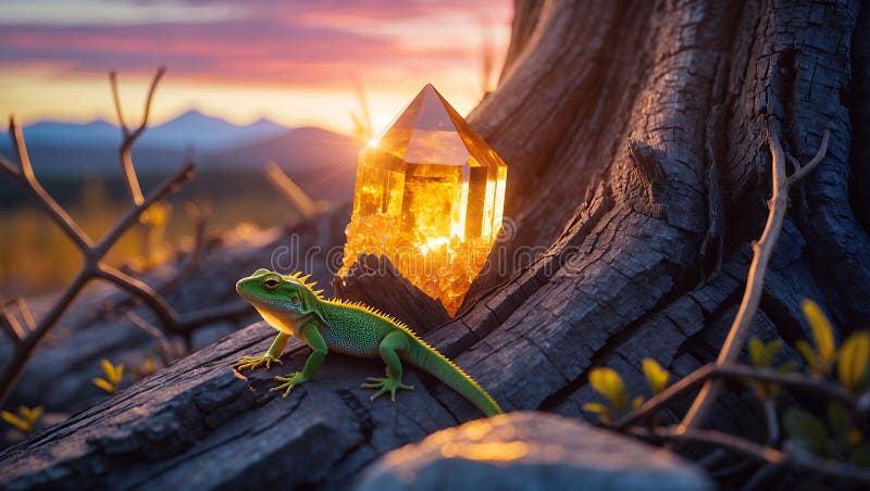 Golden Hour Lizard och Citrine Crystal on Charred Wood royaltyfri illustrationer