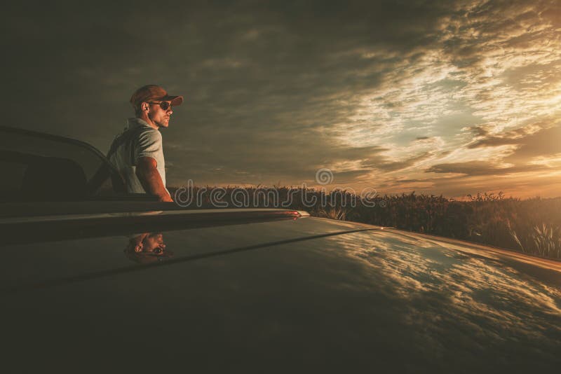 Golden Hour Scenic Drive Stop in Convertible Vehicle stock images Golden Hour Scenic Drive Stop in Convertible Vehicle stock images