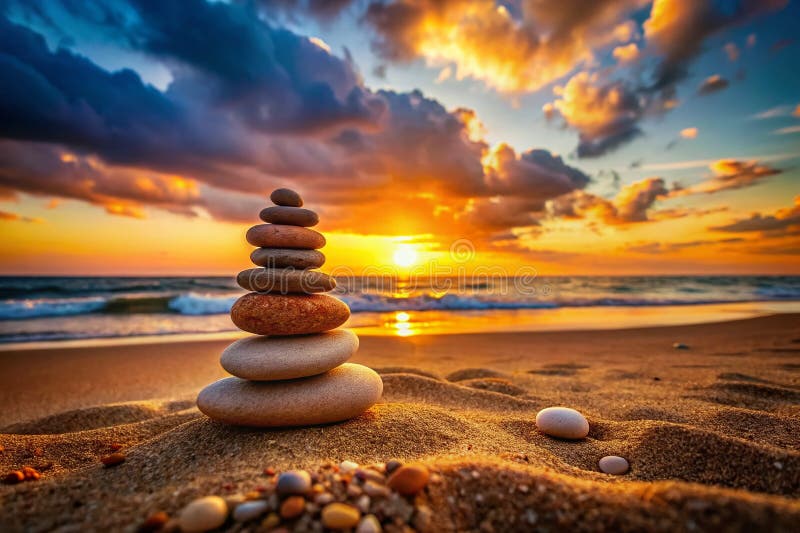 Golden Hour Serenity Echilibrat Stones pe o plajă Sandy la Sunset A Peace Coast Scene stock illustration
