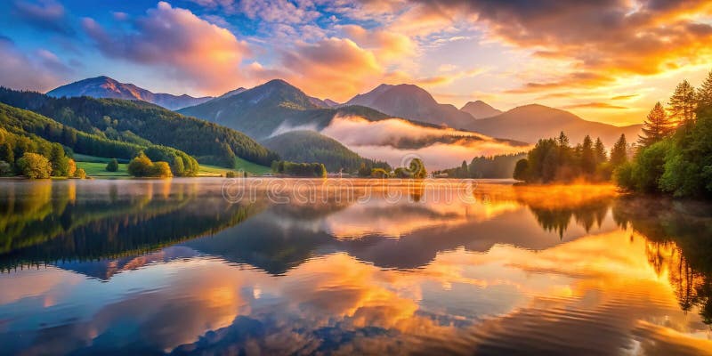Golden Hour Serenity on Lac Alsace Reflection of the Vosges Mountains in French Countryside royalty ilustracja