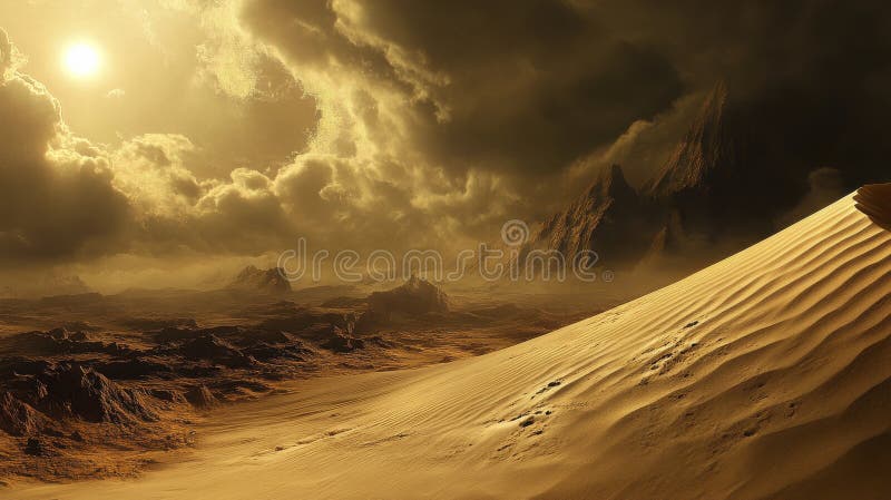 Dramatic Desert Landscape at Golden Hour with Ominous Clouds vector illustration