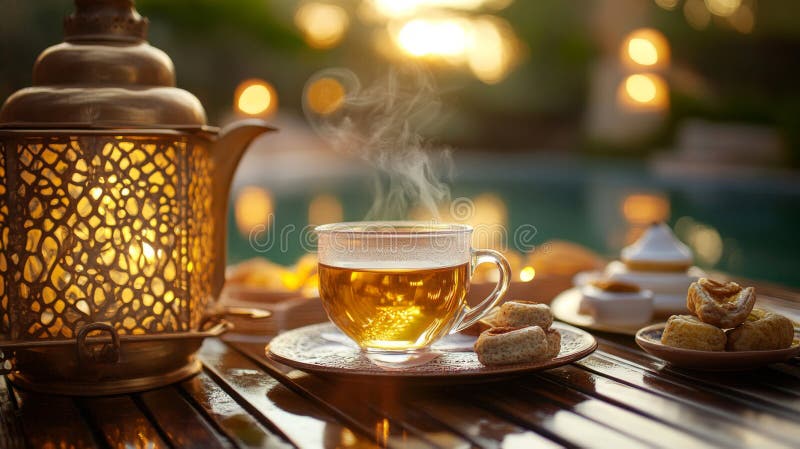 Golden Hour Tea And Treats By The Pool royalty free illustration