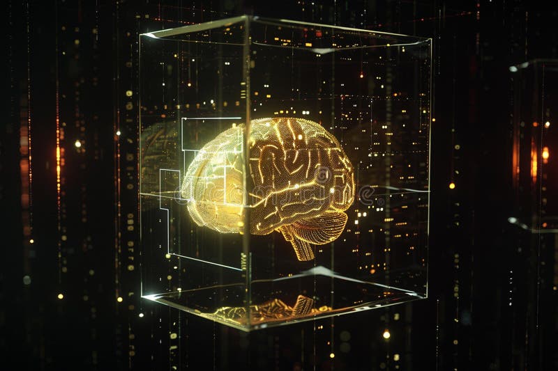 Golden Human Brain Encased In Transparent Cube, Digital Code Backdrop, Dark Ambience vector illustration