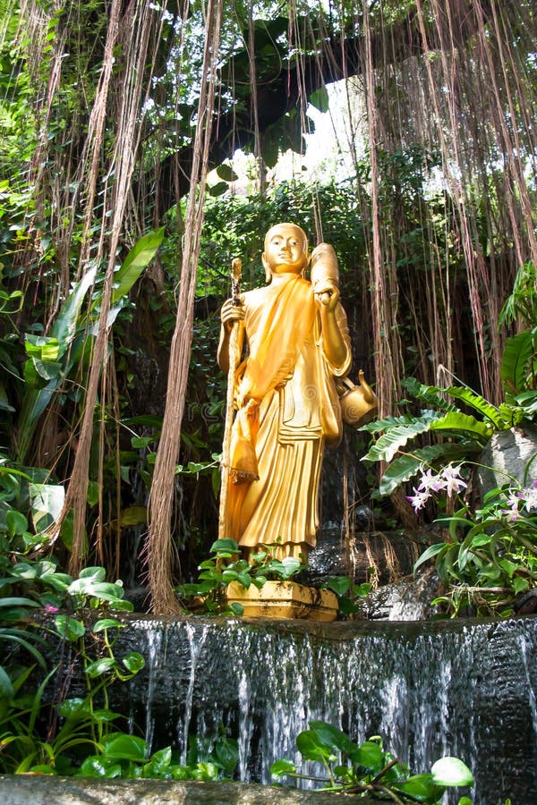 Golden image of Buddha is standing in a bush