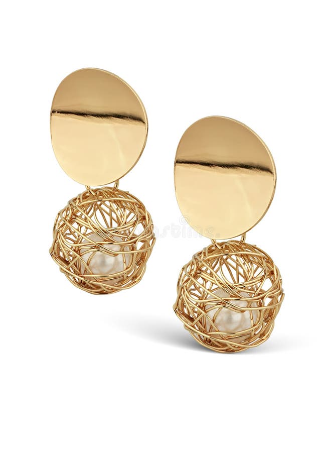 Golden Jewelry earrings with pearl isolated on white, clipping pass royalty free stock images Golden Jewelry earrings with pearl isolated on white, clipping pass royalty free stock images