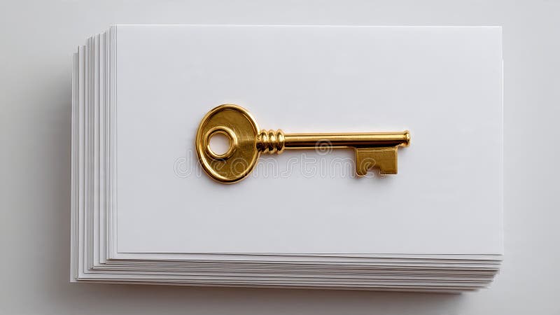 A golden key on top of a stack of white cards stock illustration