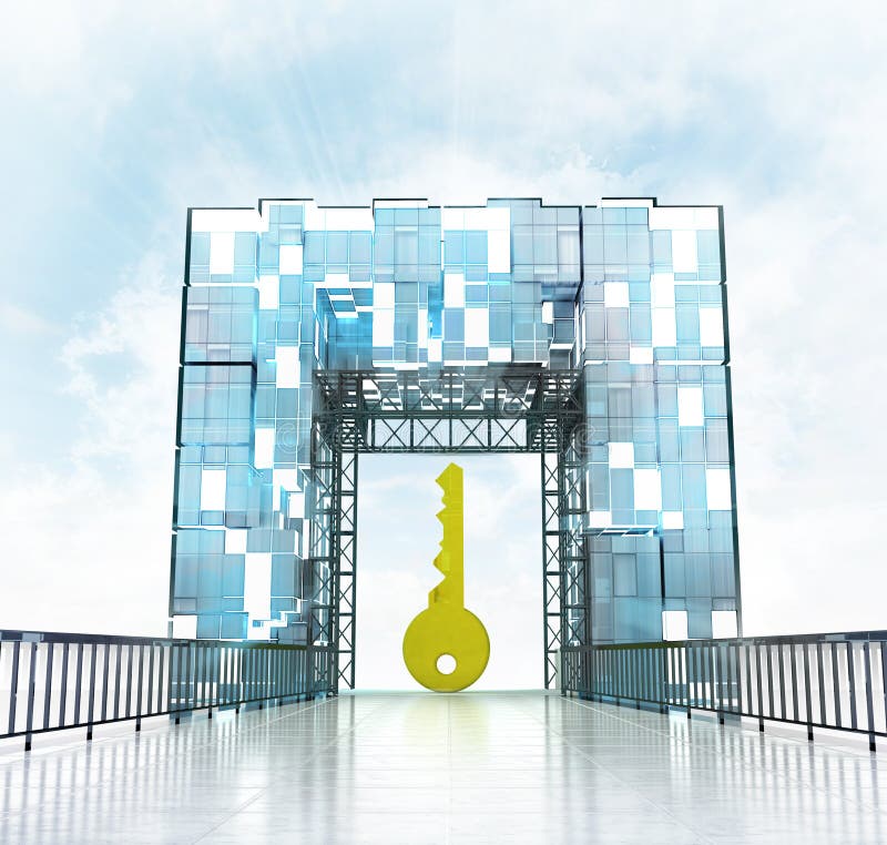 Golden key under grand entrance gateway building royalty free illustration Golden key under grand entrance gateway building royalty free illustration