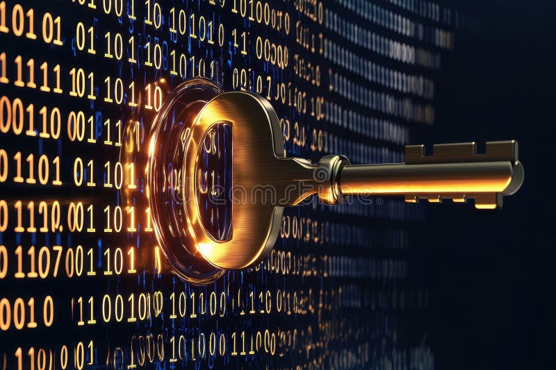 Golden key unlocking digital data with binary code representation