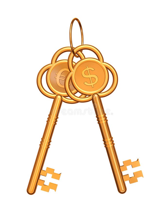 Golden keys with euro and dollar