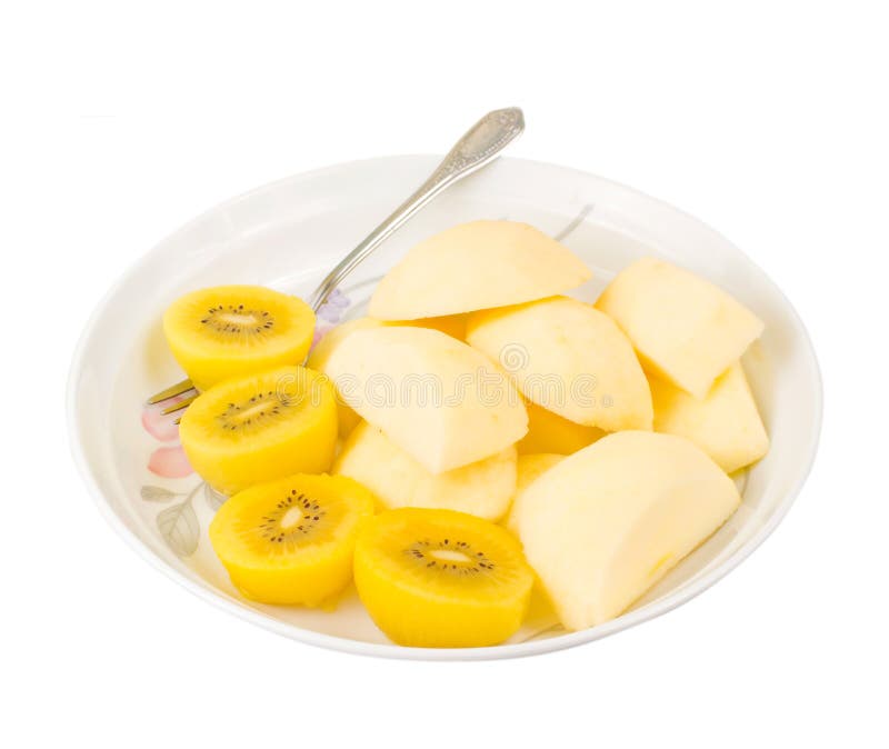 Golden kiwi fruit and sliced apple with fork