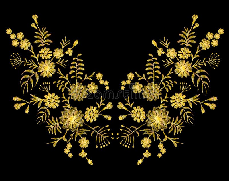 Golden lace pattern of flowers on a black background. Imitation embroidery. Chamomile, forget-me-not, gerbera, paisley rustic vint stock illustration Golden lace pattern of flowers on a black background. Imitation embroidery. Chamomile, forget-me-not, gerbera, paisley rustic vint stock illustration