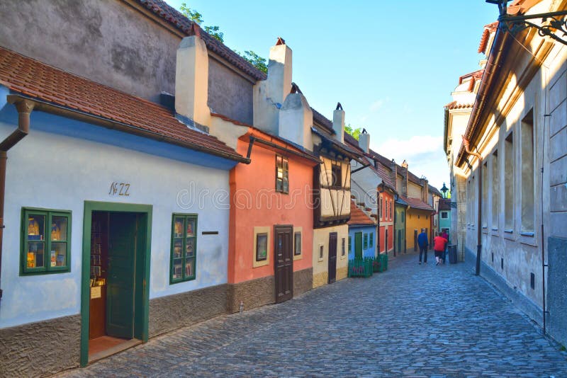 PRAGUE, CZECH REPUBLIC - JUNE 07, 2017 : Golden lane street in Prague, Czech Republic. Hradcany castle area. PRAGUE, CZECH REPUBLIC - JUNE 07, 2017 : Golden lane street in Prague, Czech Republic. Hradcany castle area