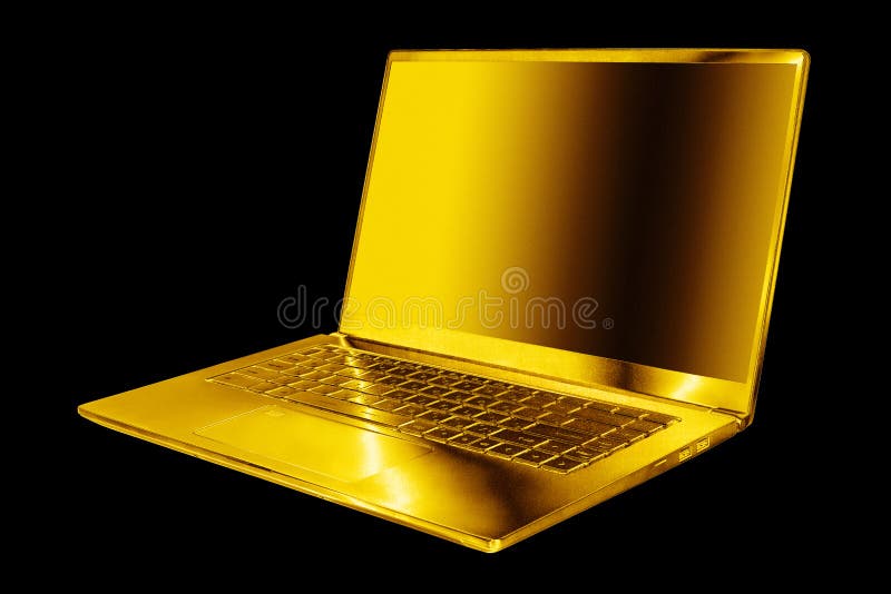 Golden laptop blank screen dark black background isolated close up side view, gold metal computer, open empty display, notebook