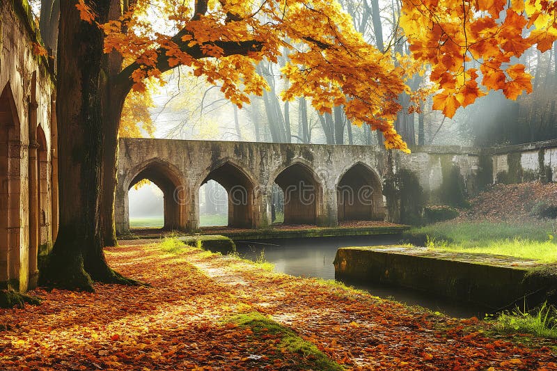 Autumn landscape featuring a stone bridge and vibrant orange foliage near a calm waterway. Golden leaves blanket the ground as trees frame a serene stone bridge over a tranquil stream. The morning light filters through, enhancing the autumn colors in the peaceful setting.