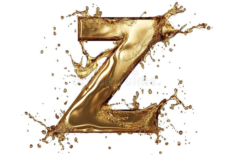 Goldener Buchstabe Z, Flüssigkeitsspritzer, Schriftstil, 3D-Rendering, Alphabet, Isoliert, Glänzend lizenzfreie abbildung
