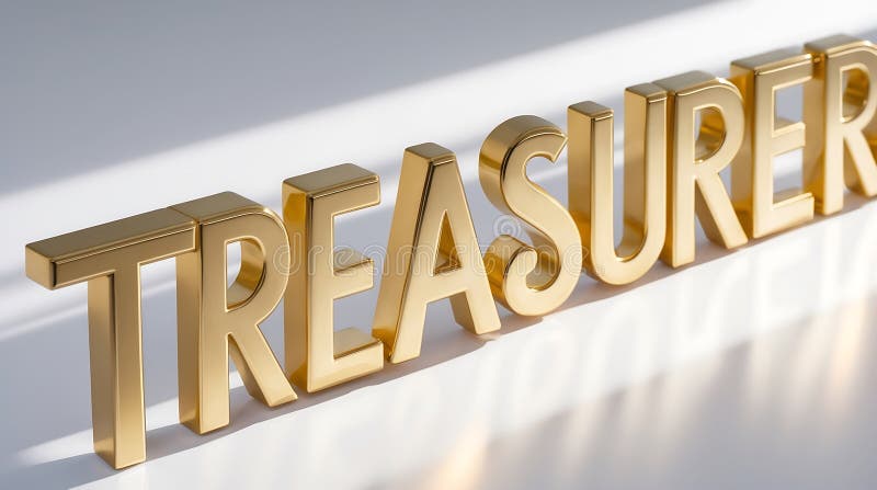 Golden letters representing the word treasurer displayed on a flat surface royalty free stock photo