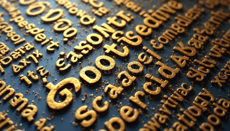 Golden letters scattered on a dark surface stock photography