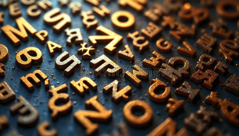 Golden letters scattered on a textured surface. A captivating array of golden letters sprawls across a dark, textured background, creating a striking visual contrast. Each letter glimmers with a metallic sheen, inviting viewers to explore the beauty of typography and design. AI generated