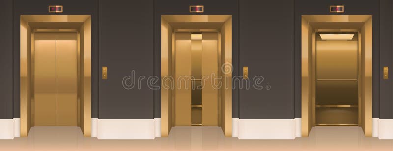 Golden Lift Doors. Office Hallway with Lift Cabins Stock Vector -  Illustration of ajar, elevator: 175253856