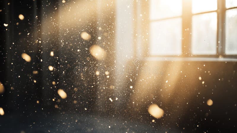 Golden light dust particles floating through a room near a window creating a magical atmosphere stock illustration