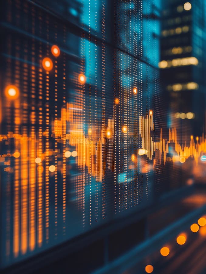 Golden light trails illuminate stock market trends in an urban setting at dusk stock images