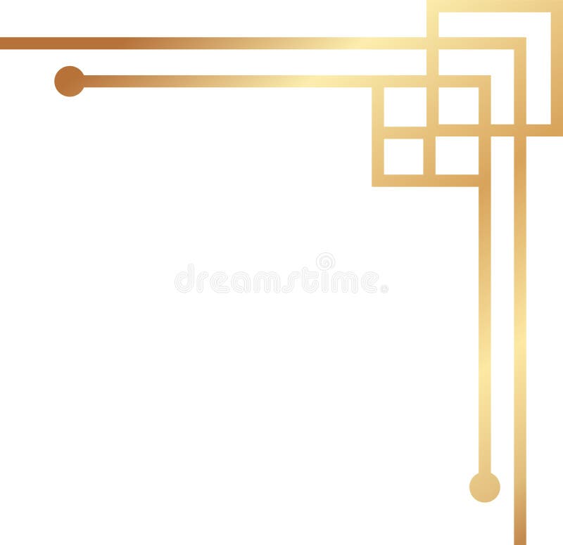 Golden lines and circles creating an elegant geometric border framing the corner of a white background, perfect for royalty free illustration