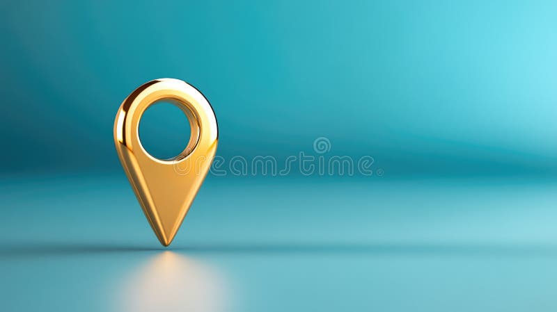 Golden location pin on water. 3d navigation pointer for business address and map positioning. Abstract background for travel or vector illustration