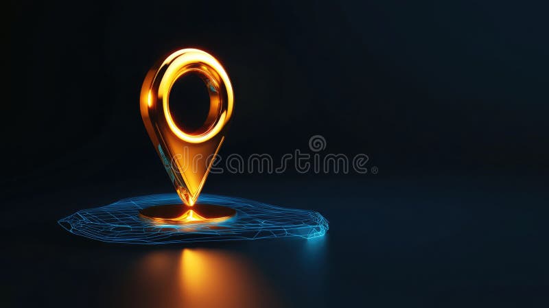 Golden location pin on water. 3d navigation pointer for business address and map positioning. Abstract background for travel or vector illustration
