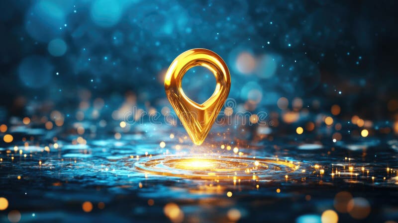 Golden location pin on water. 3d navigation pointer for business address and map positioning. Abstract background for travel or stock illustration