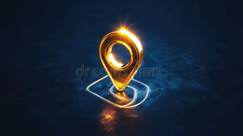 Golden location pin on water. 3d navigation pointer for business address and map positioning. Abstract background for travel or vector illustration