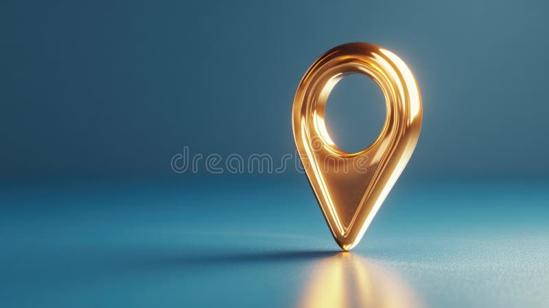 Golden location pin on water. 3d navigation pointer for business address and map positioning. Abstract background for stock illustration