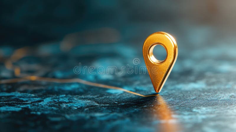 Golden location pin on water. 3d navigation pointer for business address and map positioning. Abstract background for vector illustration