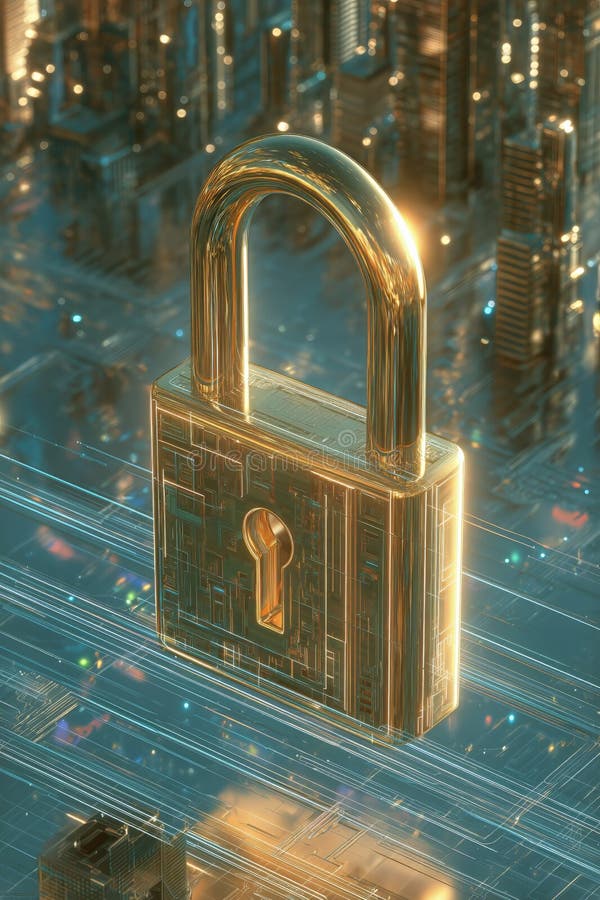Golden Lock With a Circuit Design Hovering in a Futuristic Digital Environment at Dawn stock photo