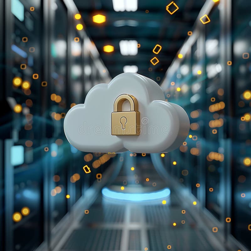 Golden Lock Icon on White Cloud in Server Room with Flashing Blue