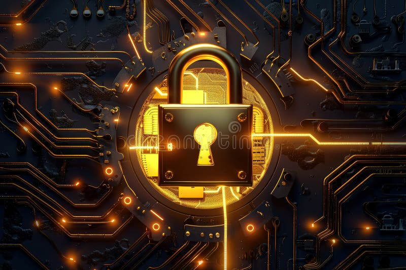 Golden lock with a keyhole is displayed on a circuit board. The lock is surrounded by a glowing, metallic frame, giving the impression of a futuristic, high-tech security system AI generated