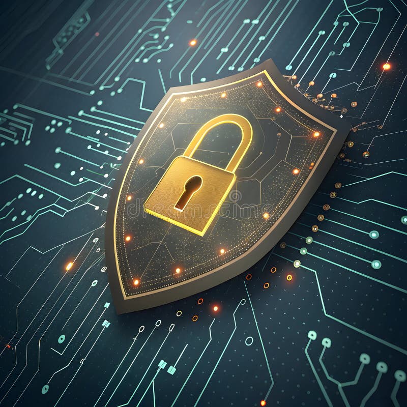 Golden Lock Shield on Circuit Board digital art technology royalty free illustration