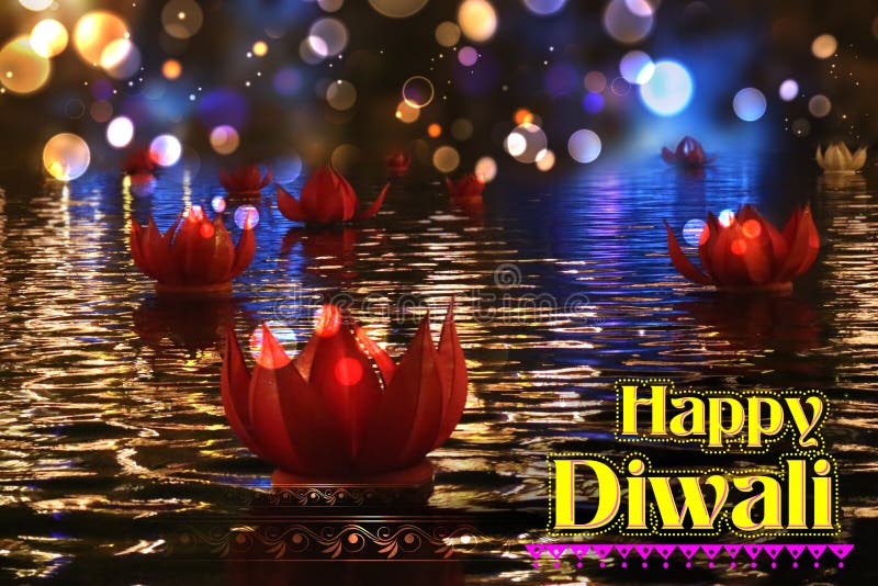 Golden lotus shaped diya floating on river in Diwali background