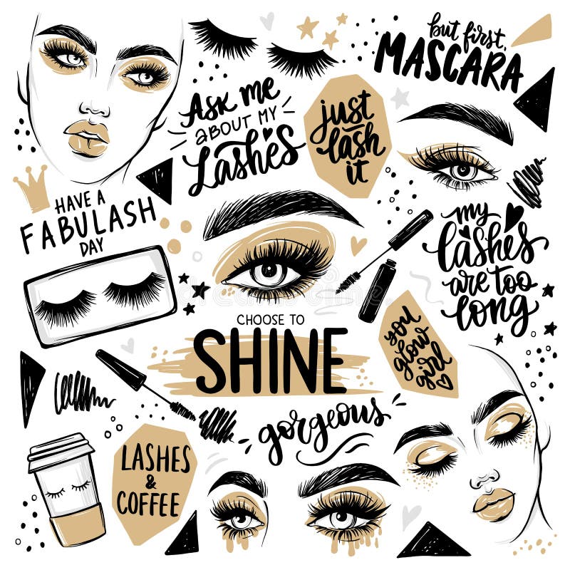 Golden Makeup set with woman portrait, girl faces, eyes with long black lashes, mascara, eyeshadow, brows and calligraphy lettering quotes about cosmetic. Fashion vector collection. Golden Makeup set with woman portrait, girl faces, eyes with long black lashes, mascara, eyeshadow, brows and calligraphy lettering quotes about cosmetic. Fashion vector collection.