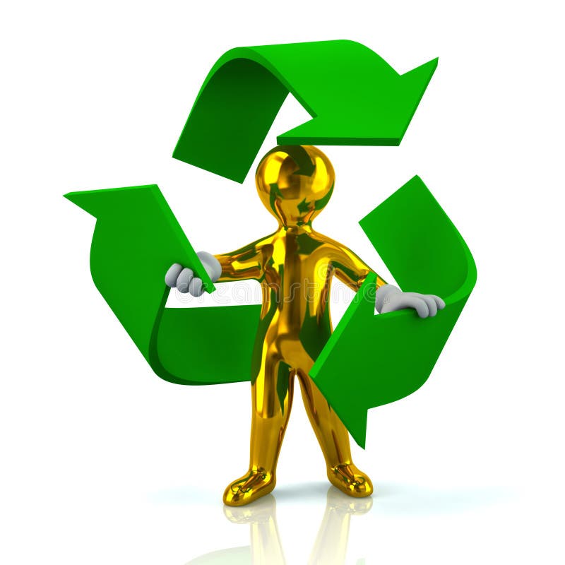 Golden man inside green recycle arrows