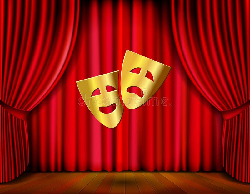 Puppet show booth with theater masks red curtain Vector Image