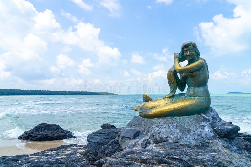 Golden Mermaid Statues On Samila Beach Landmark Of Songkla Thailand