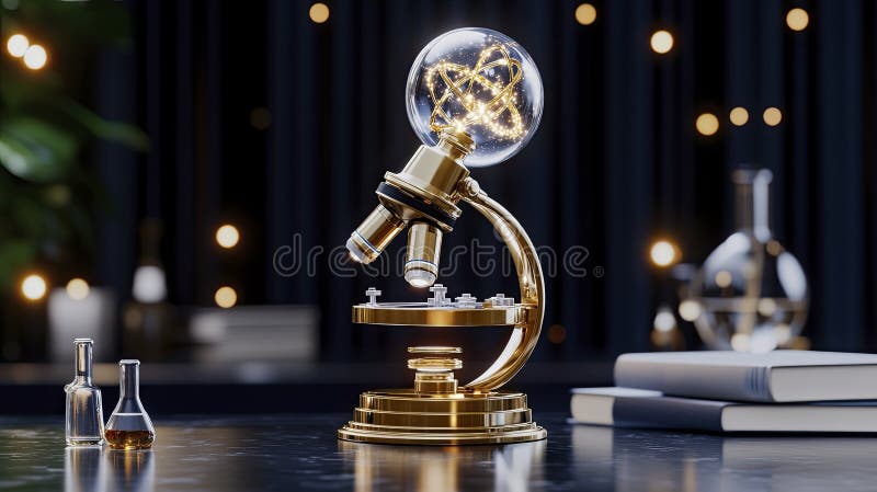 Golden Microscope with Atomic Lightbulb: Illuminating Scientific Discovery vector illustration